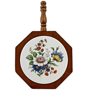 VTG‎ Tile Wood Trivet Charcuterie Cheese Board Wildflowers Handle Wall Art MCM